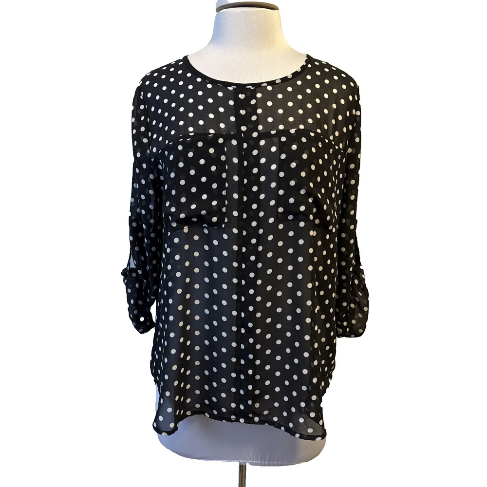 Papermoon Sheer Polka Dot 3/4 Roll Tab Pocket Blouse Women's L Classic Timeless